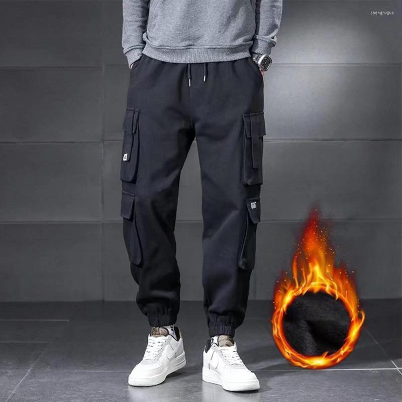

Men's Pants Joggers Breathable Mid-Rise Hip Hop Style Men Pure Color Plush Lining Drawstring Cargo Anti-freeze, Black