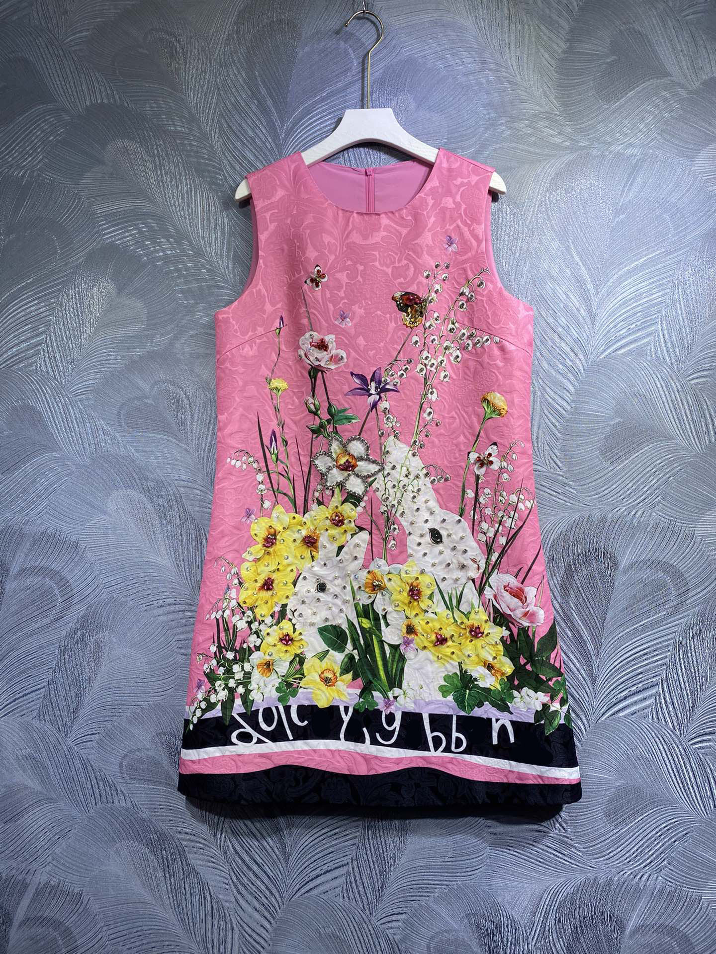 

Dress Designer fashion animal flower print handmade beaded spring/summer 2023 short sleeve loose round neck dress monochrome S-XL, Pink