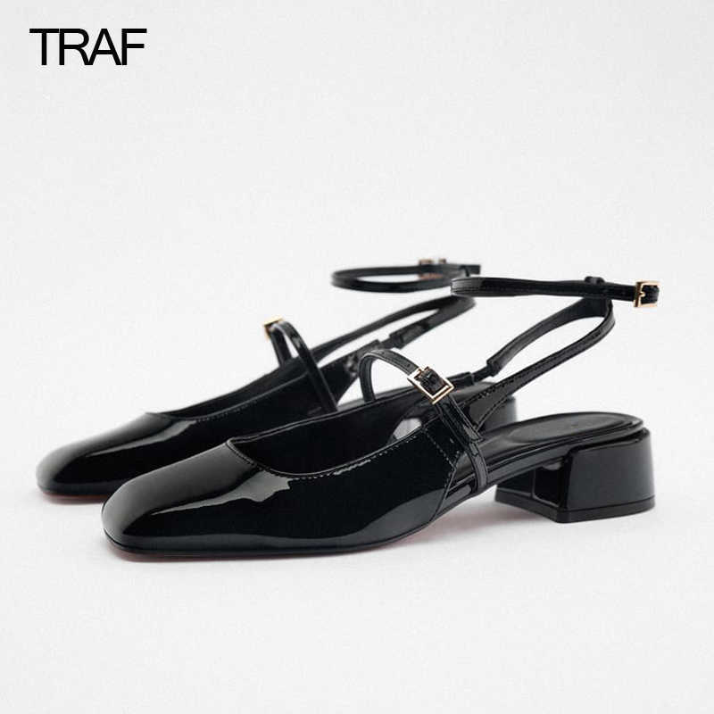 

Sandal Traf Mary Jane Heels Women Pumps Chunky Strappy Black Square Toe High Heels Lolita Slingback Cute Shoes 230302