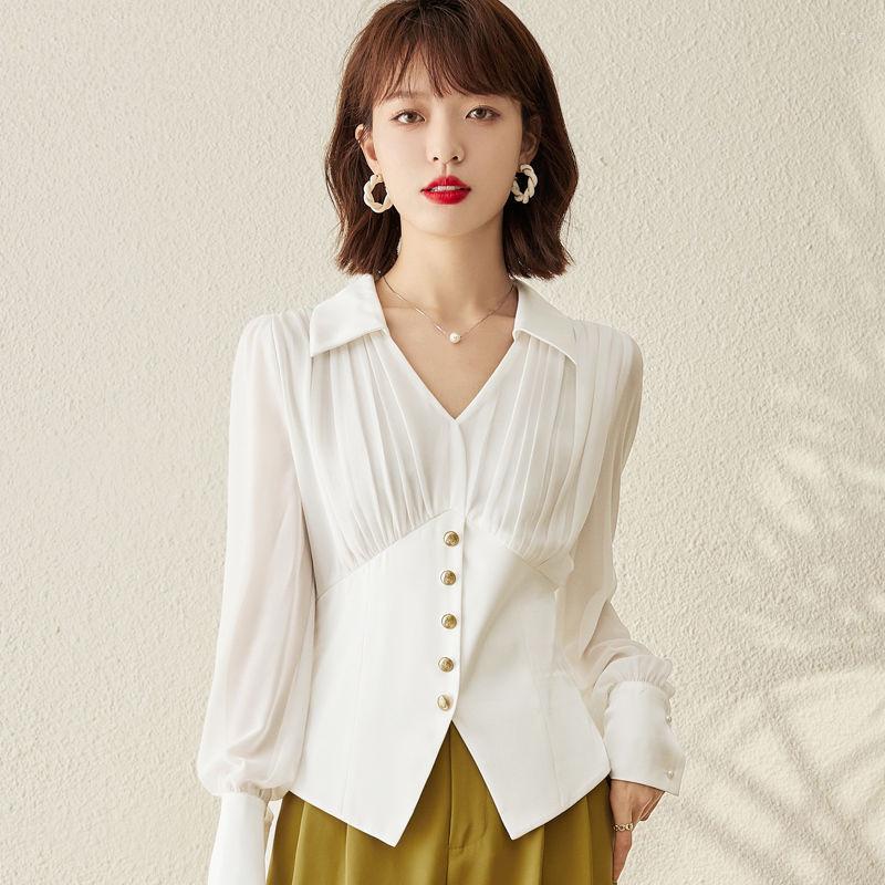 

Women's Blouses Spring Autumn Women's Shirts 2023 Fashion Chiffon V-neck Bishop Sleeve Waist Shirt Female Casual Lady Blouse Pullover, Black