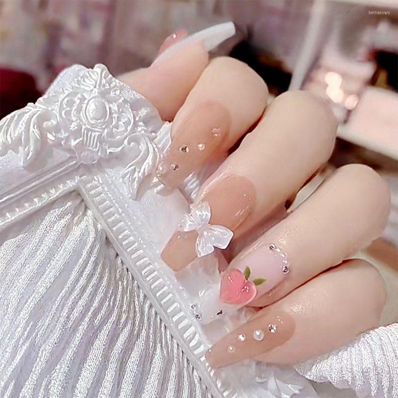 

False Nails 24pcs/Box French Ballerina Artificial Detachable Full Cover Fake Rhinestone Coffin Wearable Nail Tips, 03