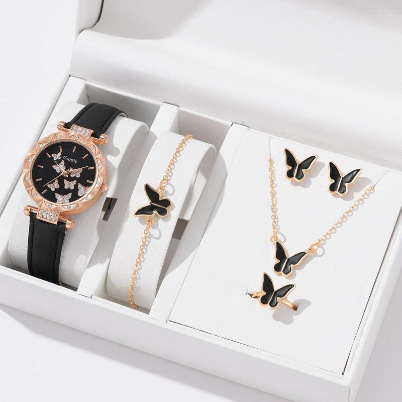 

Wristwatches 6pcs Luxury Watch Women Ring Necklace Earrings Bracelet Set Watches Butterfly Leather Strap Ladies Quartz WristWatch No Box, 6pcs set white 4692