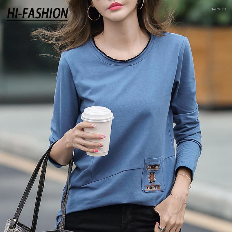 

Women' T Shirts HI-FASHION Pocket Embroidery Shirt Women Long Sleeve Loose Woman Clothes Cotton Casual T-Shirt Female Poleras Mujer De Moda, Blue