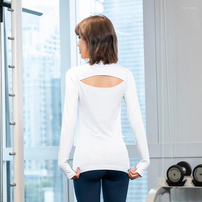 

Active Shirts Women Yoga Long Sleeve Thumb Hole Sport T-shirts Solid Slim Embossed Running Girl' Sexy Backless Gym Fitness Tops, Fy-fy225 white