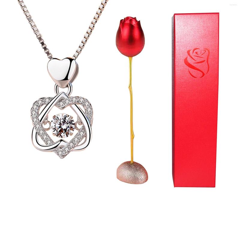 

Pendant Necklaces Creative Love Heart Necklace Set With Rose Simulation Flower St Valentin Jewelry Box Birthday Valentines Day Gift For
