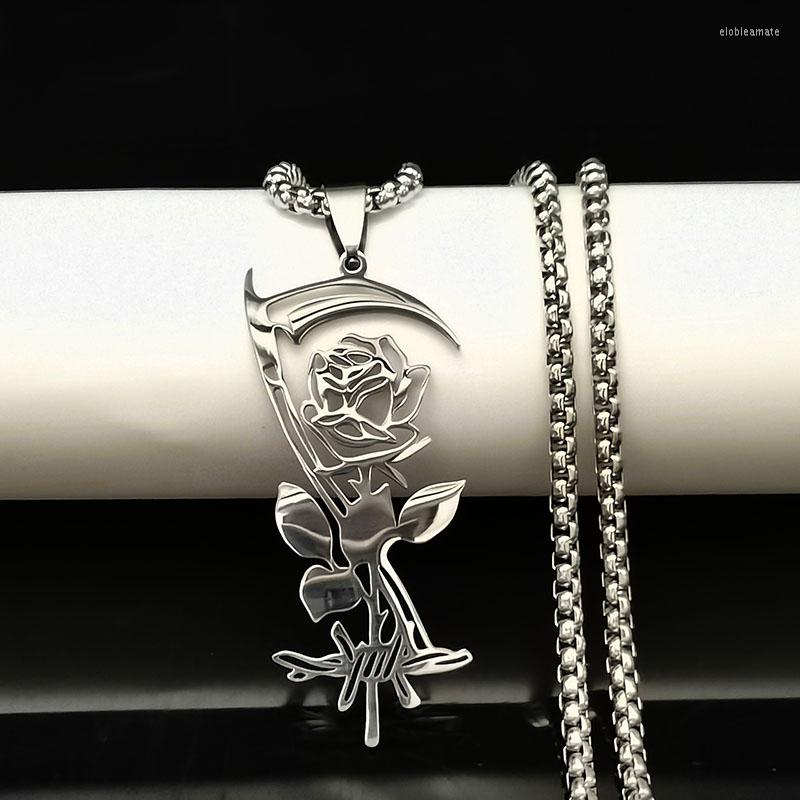 

Pendant Necklaces Gothic Stainless Steel Goth Rose Scythe Necklace Personalized Men's And Women's Fashion Long Hip Hop Jewelry