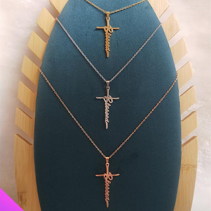 

Pendant Necklaces Product Wholesale 10 Pieces Of Amulet Cross Necklace Stainless Steel Letter Blessed Faith Jewelry 3 Colors