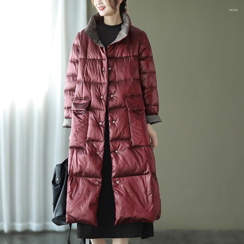 

Women's Down ZCWXM Winter Women White Duck Coat Double Sided Stand Collar Breasted Warm Snow Outwear Lapel Plaid Long Jacket, Burgundy