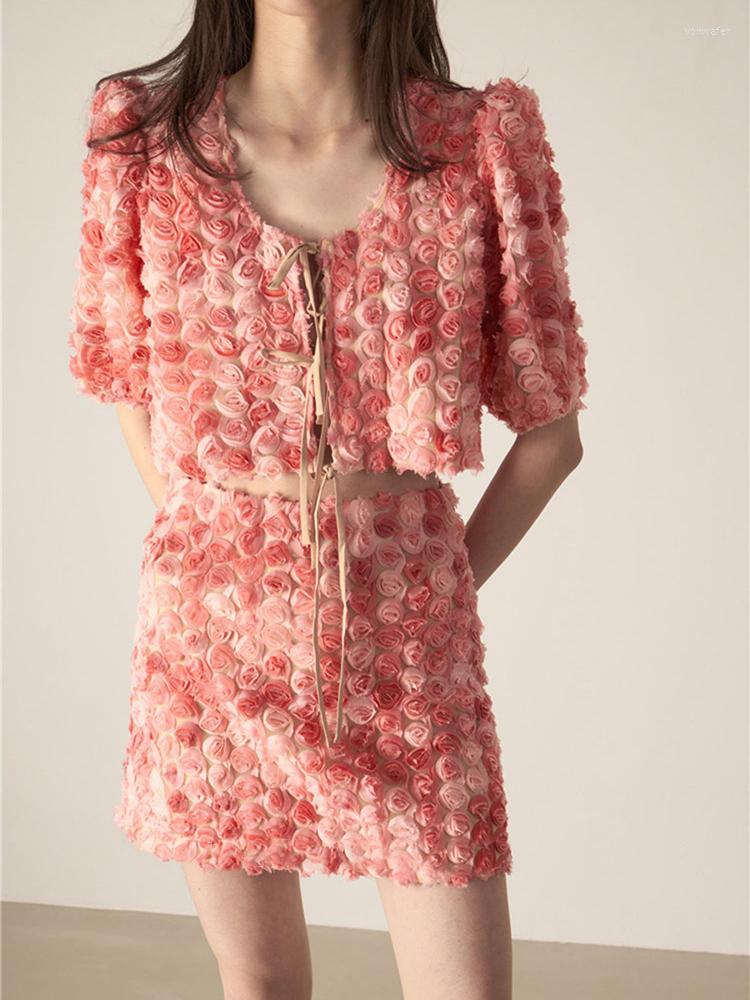 

Casual Dresses Patchwork 3D Floral Two Piece Set Women Dress 2 Pcs Round Neck Puff Sleeve High Waist Mini Bodycon Clothes, Pink