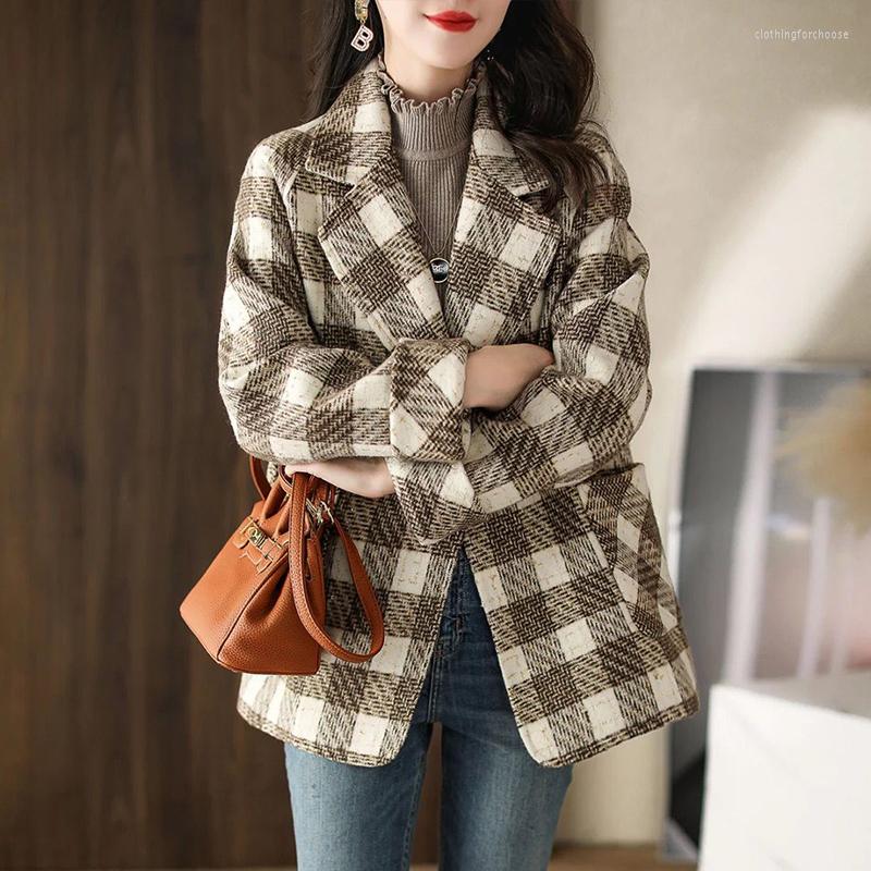 

Women' Suits Plaid Leisure Blazer Women Outwear 2023 Spring Autumn Woolen Jacket Female Fashion Loose Double-Breasted Office Suit, Square