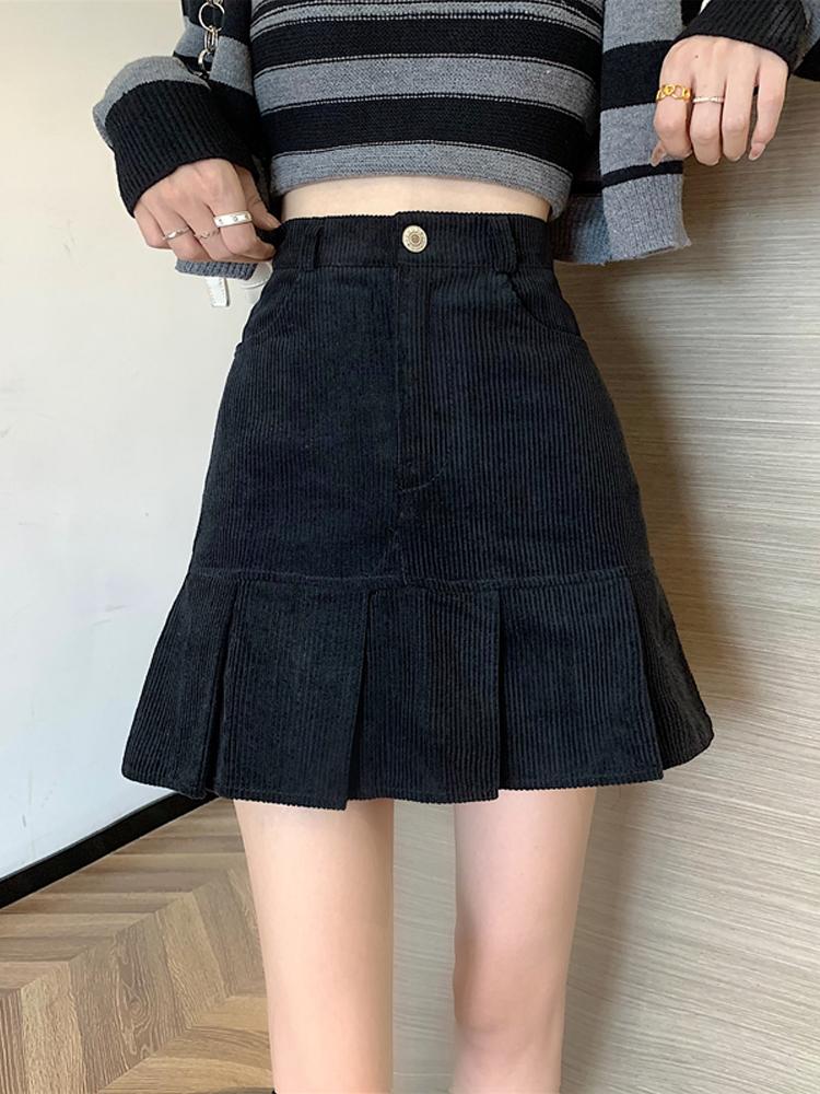 

Skirts Black High Waist Corduroy Skirt Women' Spring And Autumn Fishtail Pleated Winter 2023 A-shaped Short SkirtSkirts