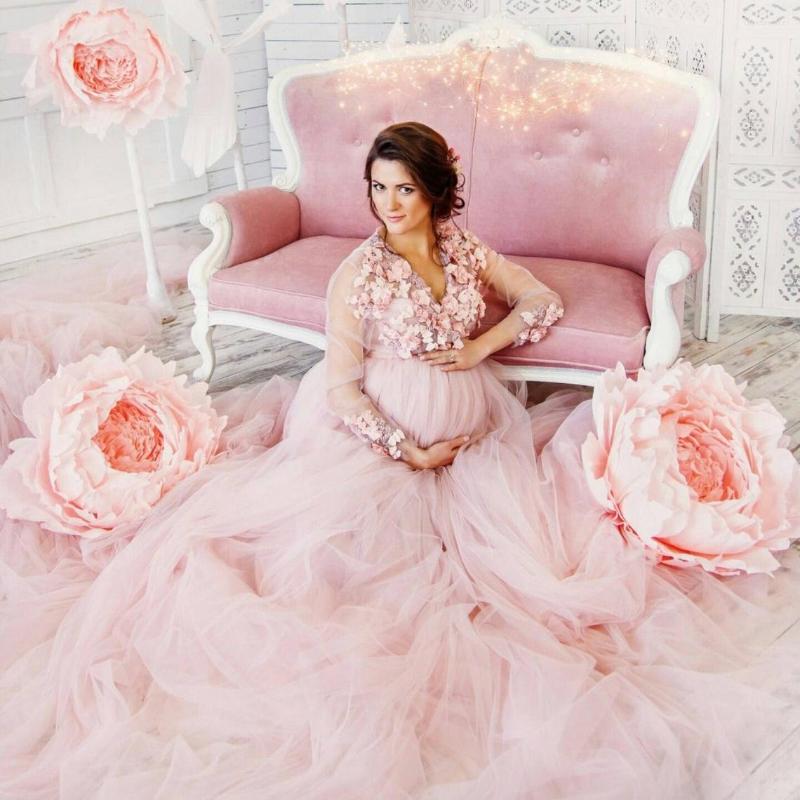 

Party Dresses V Neck Sheer Prom Floral Appliques Long Sleeve Pregnant Women's Dress Fashion Maternity Gowns For Poshoot Vestidos, Green