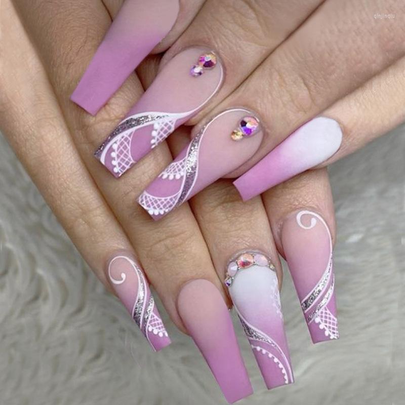 

False Nails 24Pcs Purple Gradient Set Press On Wearable Long Square Head Wave Line Design Coffin Fake Manicure Tips, 108