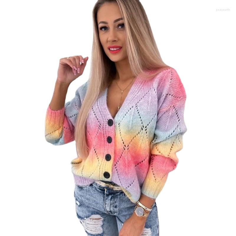 

Women's Knits Rainbow Knitted Cardigan Sweater Female Sweet Single-breasted Cutout Sweaters Long Sleeve Candy Casual Cardigans, Photo color