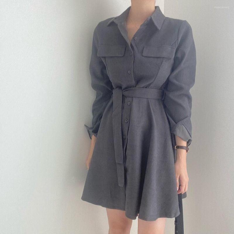 

Casual Dresses Women Dress Spring 2023 Korea Contracted Temperament Lapel Long Sleeve Shirt Skirt Female Waist Lace-up One-piece, Dark grey