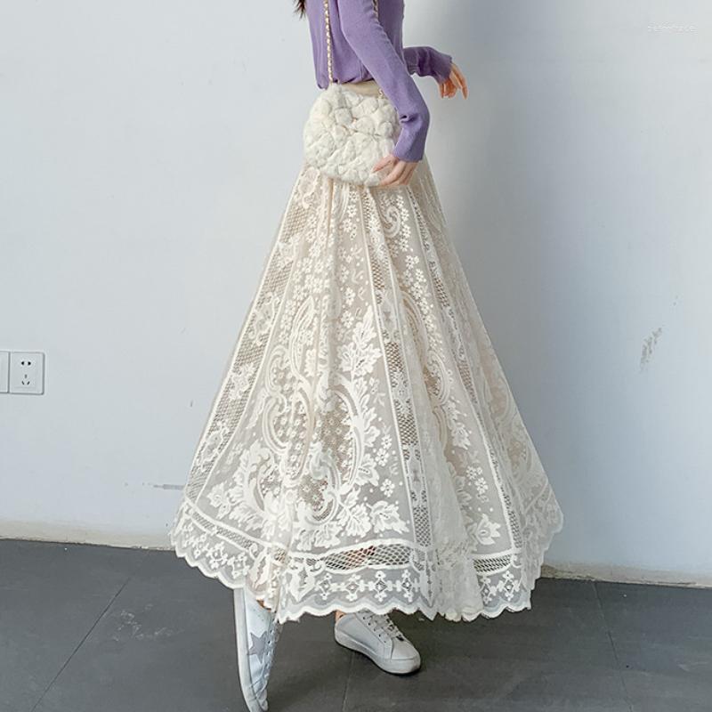 

Skirts Elegant Women's Lace Kawaii Lolita Hollow Out High-waisted Maxi Skirt One Piece Ladies Autumn Cute Mesh Streetwear, Black