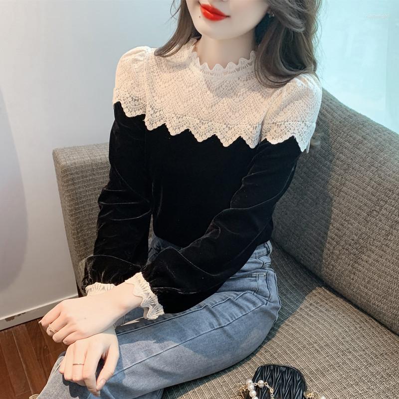 

Women' Blouses Stand Collar O Neck Lace Crochet Black Velvet Shirt Women Blusa Mujer Tops Chic Elegant Blouse For Clothes