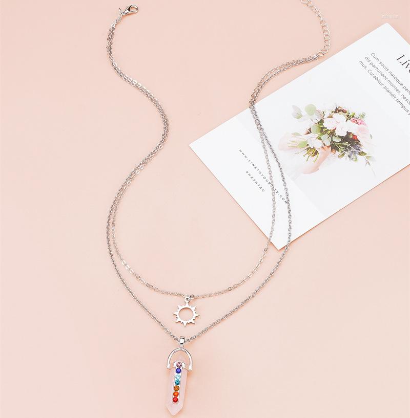 

Pendant Necklaces Rainbow Hexagonal Column Crystal Stainless Steel Sun Multi-layer Necklace