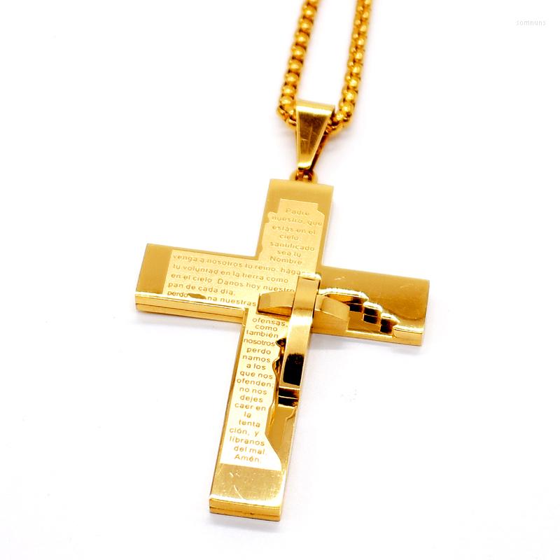 

Pendant Necklaces AMUMIU Spanish Scripture Bible Gold Color Cross Stainless Steel Chain Men's Women's Jewelry Holy Writ HP253A