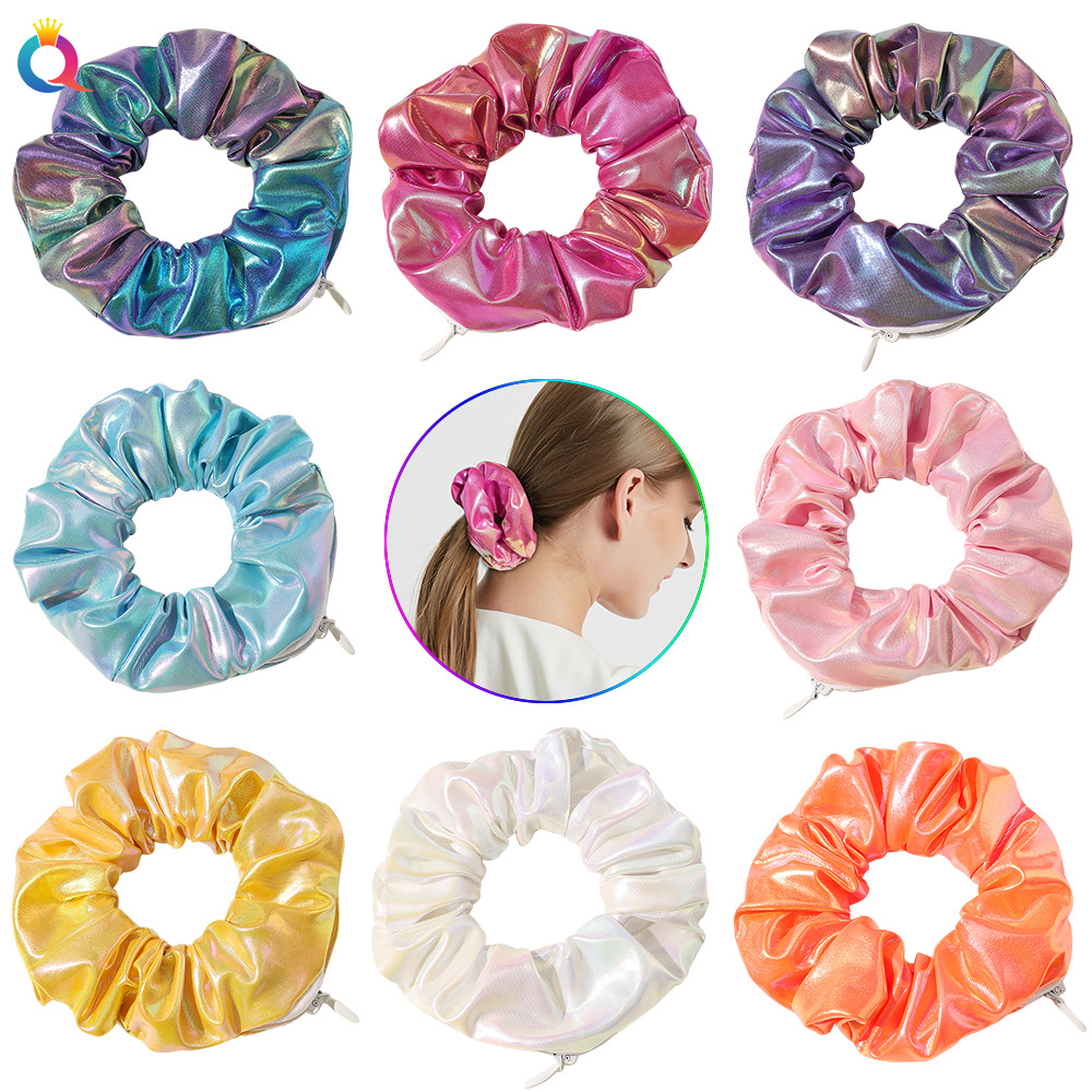 

PU Mermaid Solid Color Ribbon Zipper Scrunchies For Women Satin Hair Rope Elastic Hair Bands Hair Tie Ponytail Holder 1913, 14