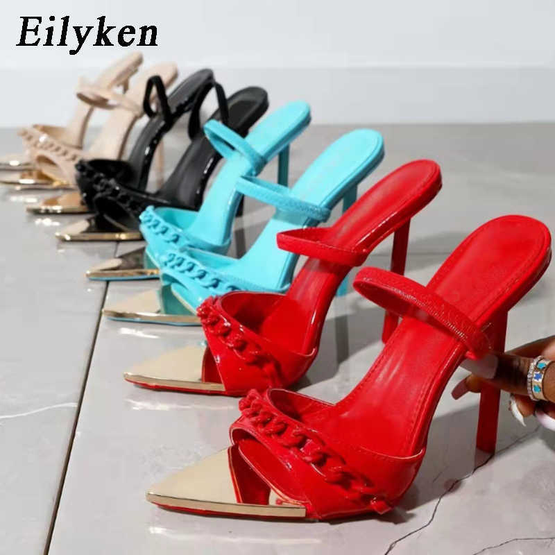 

Fashion High Heels Sandals Design Pointed Toe Back Strap CHAIN Women Dress Strappy Mule Ladies shoes 230306, Apricot