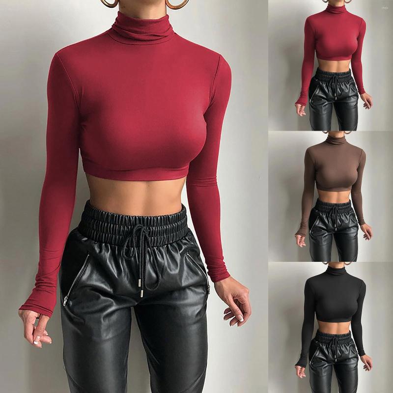 

Women' Blouses 2023 Spring Women' Long Sleeve Turtleneck Crop Tops Fitted Basic Shirt Black Tee Sexy Women Streetwear Neon Green