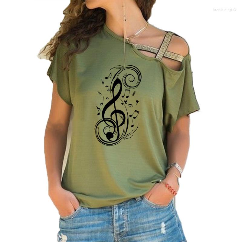 

Women' T Shirts 2023 Fashion Women Musical Note Graphic Short Sleeve Shirt Music Tshirt Irregular Skew Cross Bandage Tee Tops, 15