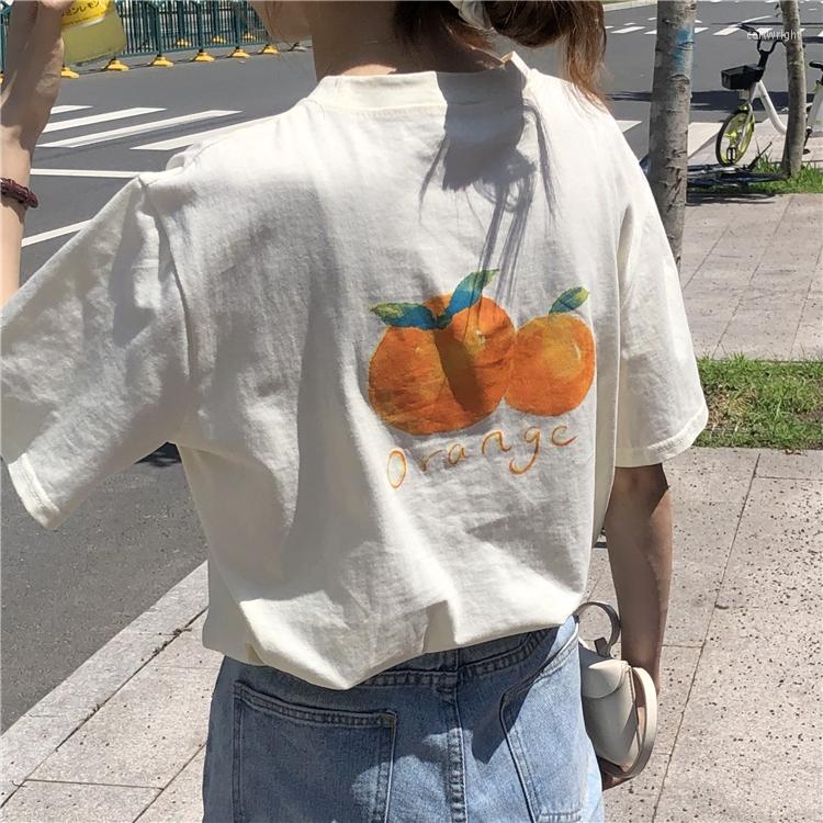 

Women's T Shirts Summer Women's Korean Loose Orange Print Short-sleeved T-shirt, White orange