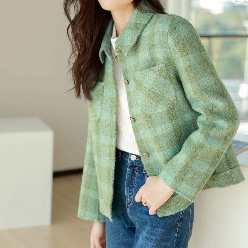 

Women' Wool & Blends Retro And Elegant Green Tweed 80% Short Coat Women Autumn Winter Lady ClothesWomen
