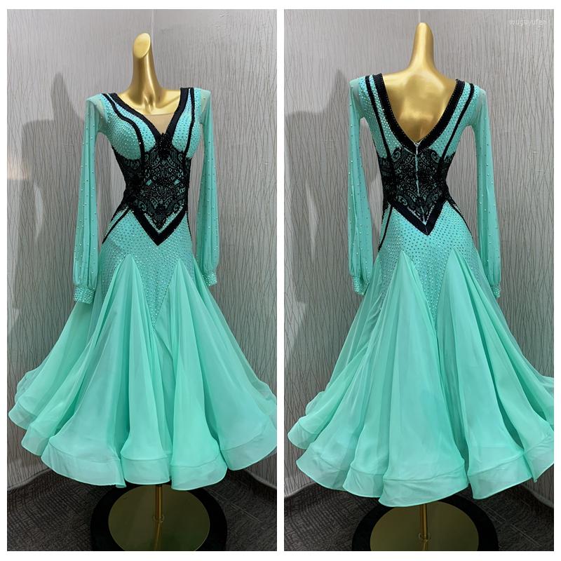 

Stage Wear Ballroom Dance Competition Dress Standard Green Costume Dancing Dresses Balroom Dancewear Long Sleeve, Custom color