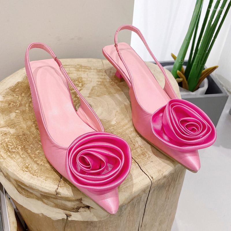 

Sandals 2023 Autumn Fashion Back Strap Flower Decoration Pump Pink Pointed Toe Slingback Shoes Brand Shallow Slip Mules, Black