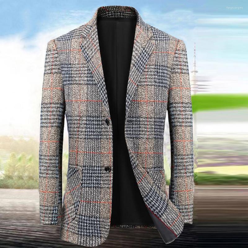 

Men's Suits Lapel Long Sleeve Pockets Single Breasted Men Blazer Spring Autumn Plaid Mid-aged Print, Khaki