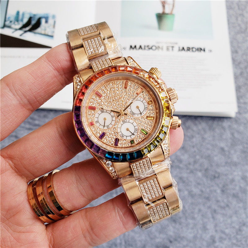 

Luxury Bling-ed Mens Watch Iced Out Colorful Crystal Rhinestone Diamond Watch for Stainless Steel Cosmograph Automatic Rainbow Pave Wristwatch, Box