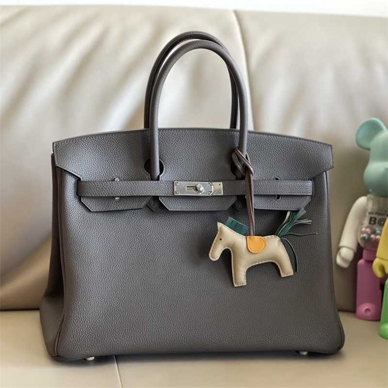 

designer women handbag birkin Silver buckle bags Handmade wax thread sewing bag 35cm tin gray Togo cow leather lychee pattern high-end portable women's bag, 35cm tin grey