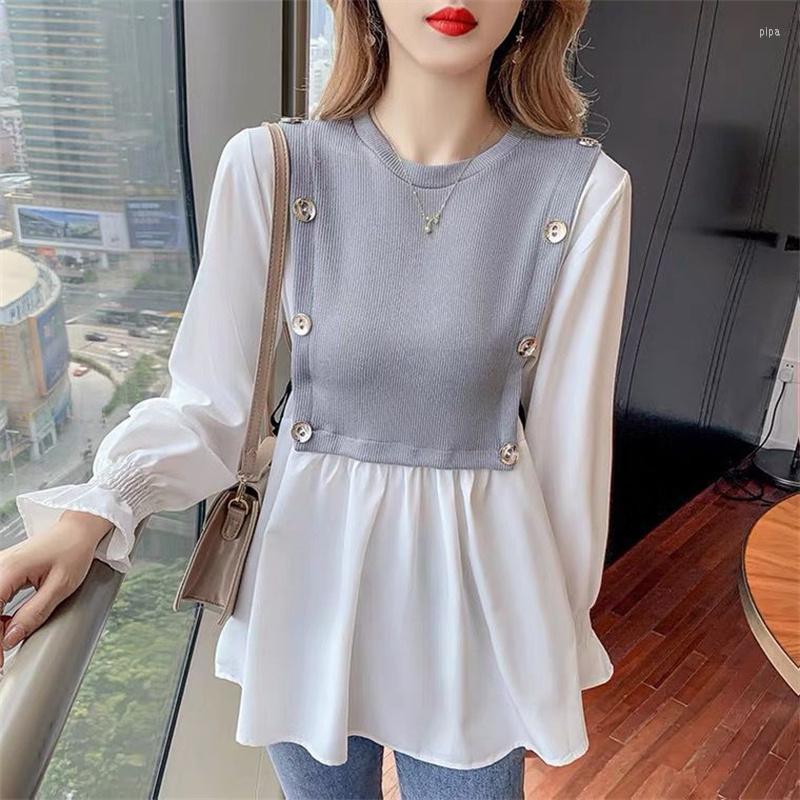 

Women's Blouses Spring Autumn 2023 Women Shirt Fake Two-piece Stitching Double-breasted Long-Sleeved Loose Pullover Female Tops, Khaki