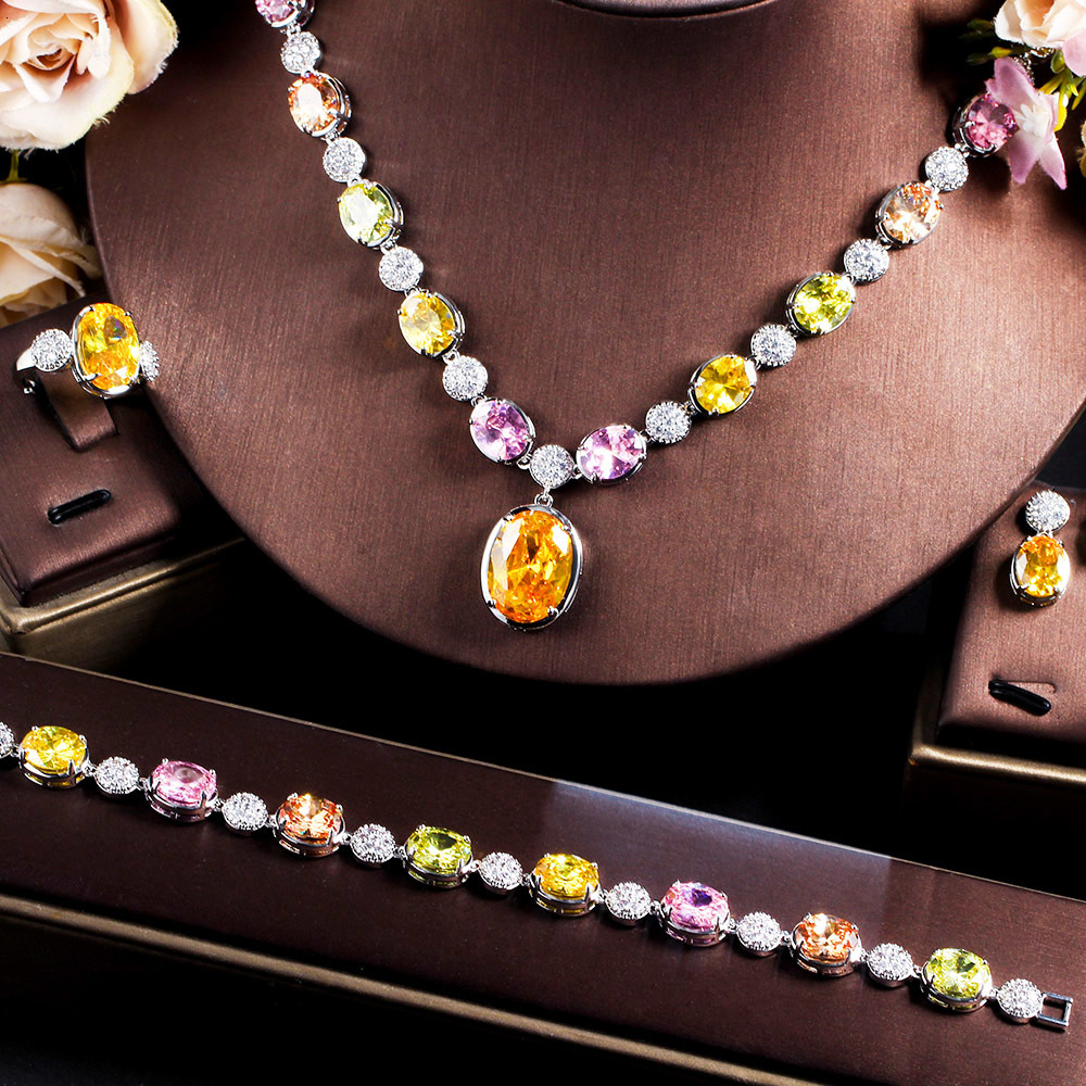 

Wedding Jewelry Sets CWWZircons Elegant Colorful Druzy CZ Stone 4 Pc Party Wear Big Necklace Luxury Bridal Accessory T635 230313