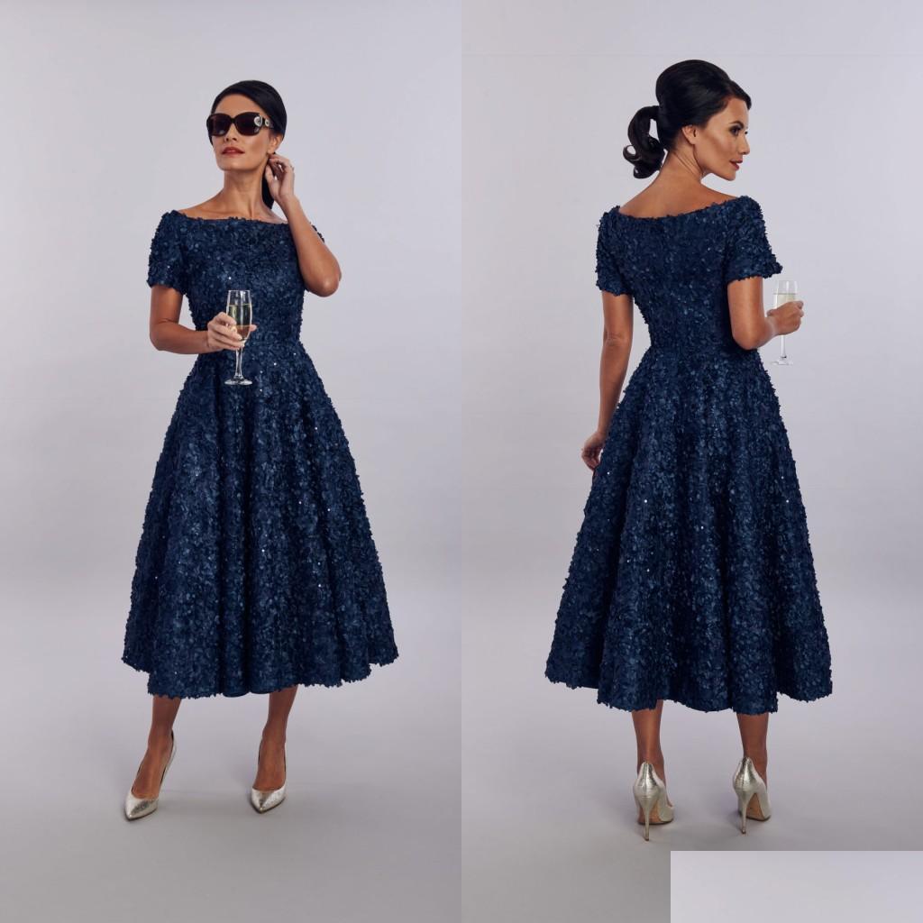 

Mother'S Dresses Elegent Mother Of The Bride Dress Short Sleeve Applique Crystal Ruched Guest Mothers Dresss Tea Length Even Dh07D