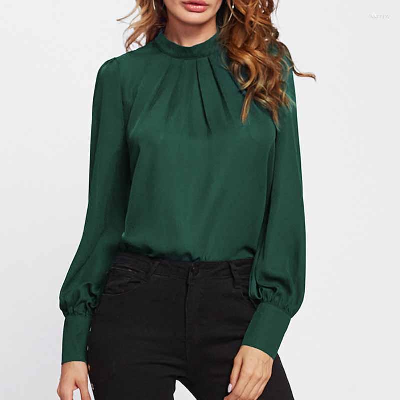

Women's Blouses Elegant Stand Collar Women Blouse Fashion Pleated Long Sleeve Chiffon Shirt Autumn Office Lady Vintage Loose Tops Blusas, Green