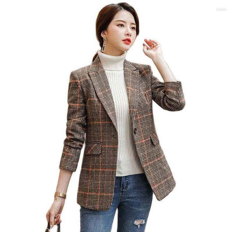 

Women's Suits 2023 Autumn Korean British Style Women Plaid Blazers Jackets Single Button Work Office Lady Suit Slim Casual Female Blazer, Brown