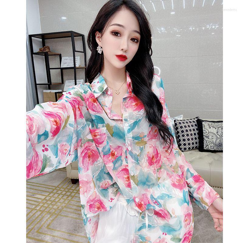 

Women's Blouses Women Shirt Vintage Style Elegant Floral Print Lapel Shirts Tops Female Casual Long Sleeve Single-breasted Loose Top G45, Pink