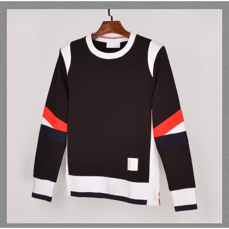 

Men Hoodies Women Sweatshirts Spliced Contrast Sweater Pullovers Casual Coat with Round Neck, Black