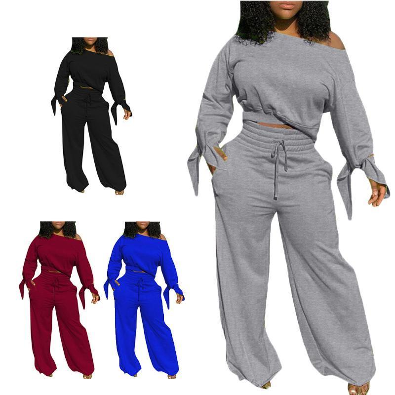 

Down jacket Sexy Women Tracksuits One Shoulder Long Sleeve Crop Top High Waist Wide Leg Pants Tracksuit Bandage Sporty Two Piece Set Svbue, Burgundy