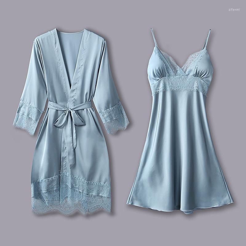 

Women's Sleepwear Blue Lace Sexy Nightwear Kimono Bathrobe Gown Satin Women Intimate Lingerie Home Clothing 2023 2PCS Sleep Set, Black 2pcs
