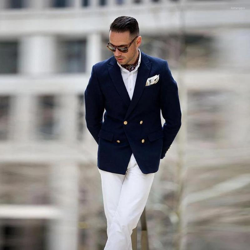 

Men's Suits High Quality Navy Jacket And White Trousers Men's Suit Casual Wear Split Lapel Double Breasted Slim Fit Wedding Dress S, Custom made