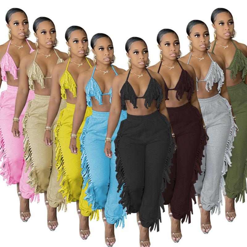 

Women's Two Piece Pants Adogirl Women Sets 2023 Solid Halter Top And Pencil Suits Matching Outfits Fashion Streetwear, Black