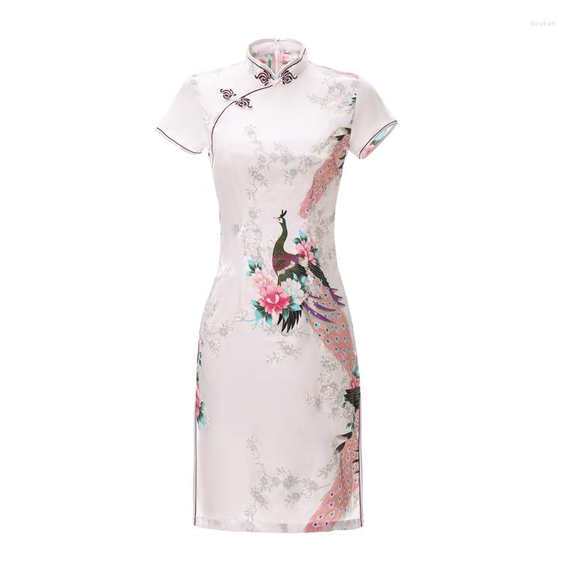 

Ethnic Clothing Elegant White Women Satin Qipao Sexy Slim Short Sleeve Dress Traditional Chinese Style Mandarin Collar Cheongsam Vestidos