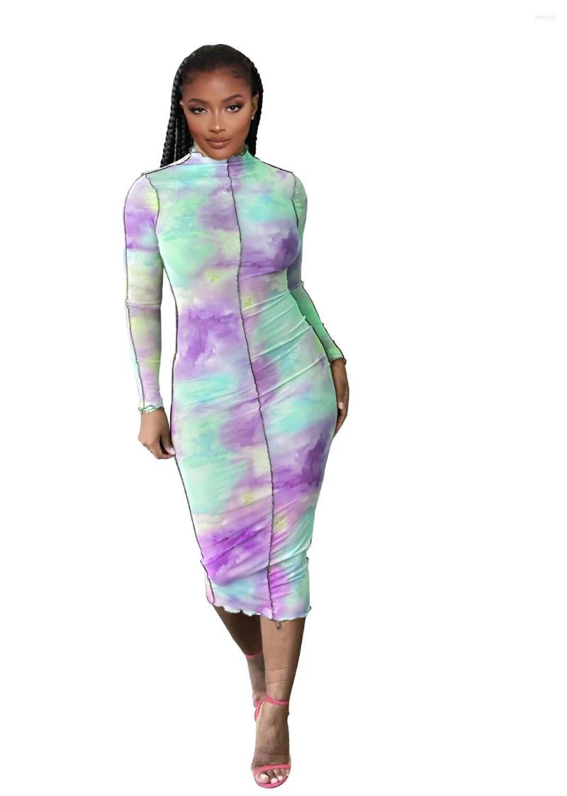 

Casual Dresses RMSFE 2023 Tie Dye Print Turtleneck Elegant Women Full Sleeve Dress SHinny Sexy Lady Maxi, Green
