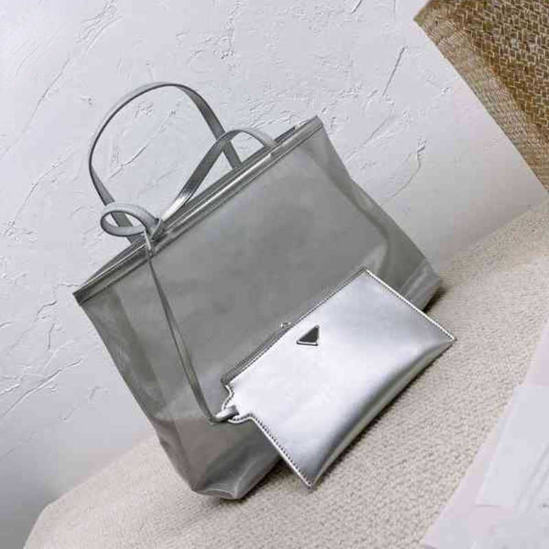 

Triangle Logo Designer Bag Large Capacity Shopping Bags Shoulder Bags Mesh Transparent Beach Bag With Wallet For Women Designers Handbag Clutch Purse 220528, Grey