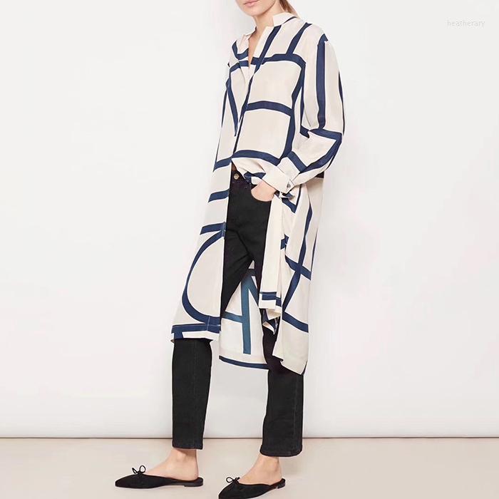 

Casual Dresses 2023 Autumn Women Turn Down Collar Silk Geometric Stripes Midi Shirt Dress Lady Single-Breasted Straight Simple Robe, Ivory