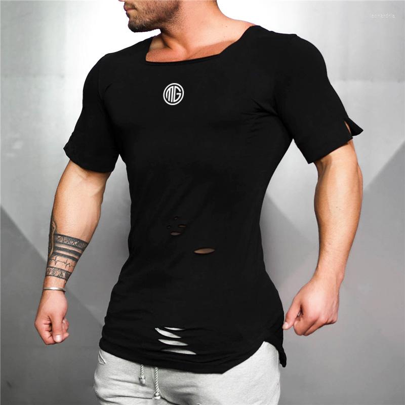 

Men's Tank Tops Brand Mens Casual Extend Long Bodybuilding T Shirt Fashion Vintage Hole Fitness Tshirt Summer Short Sleeve Gym Slim Fit, Black